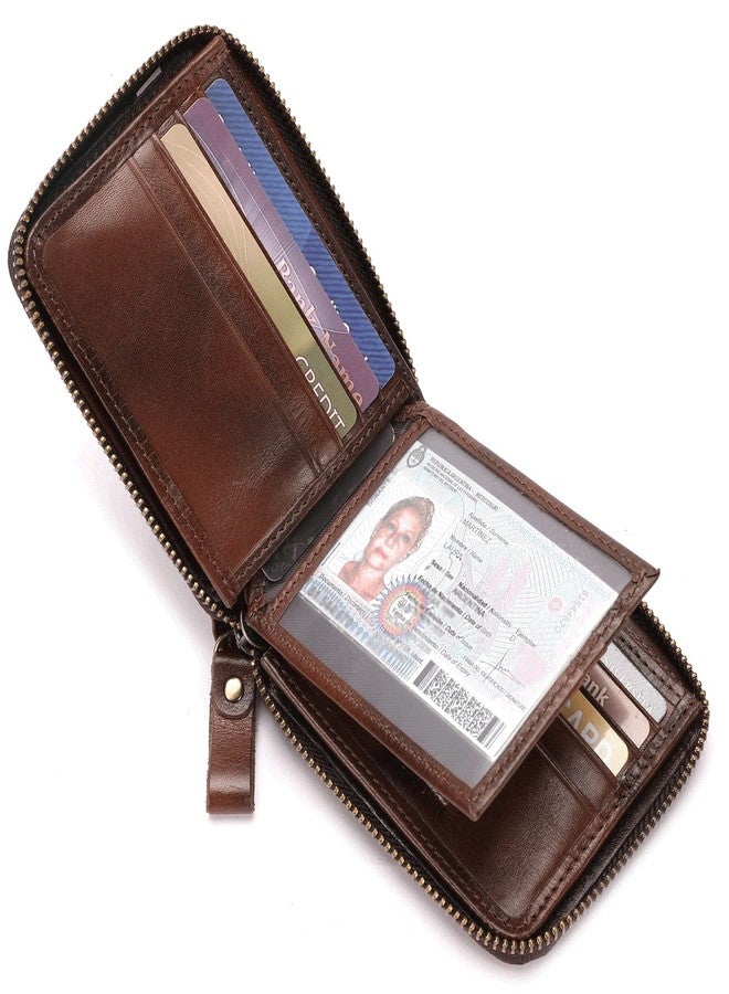 بول كابتن محفظة BULLCAPTAIN الرجالية المصنوعة من الجلد الطبيعي بسحاب، مزودة بتقنية حجب RFID، محفظة ثنائية الطي آمنة بسحاب، حامل متعدد لبطاقات الائتمان (مصنوعة يدوياً بلون القهوة) - Image 2