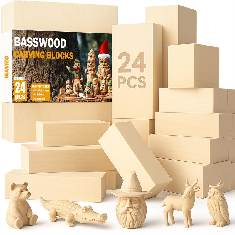 Basswood Carving Blocks 24PCS Whittling Wood Blocks Wood Carving Kit with 3 Different Sizes Soft Woodworking Blanks for Crafts Beginners Kids Adults