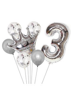 Party 8-piece set for 3th birthday party anniversary decoration party supplies including silver number 3 balloons, silver crown foil balloon set, 12-inch sequin balloons, 12-inch silver balloons 