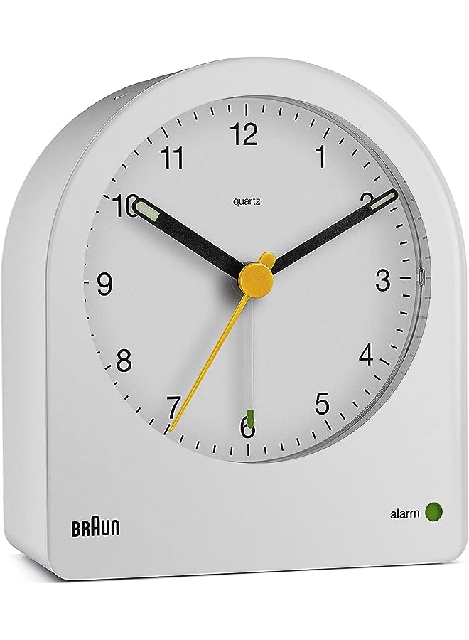 classic analogue alarm clock with snooze and continuous backlight, quiet quartz movement, crescendo beep alarm in white, model BC22W