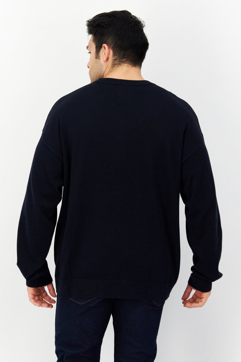 PERRY ELLIS Men Crew Neck Embroidered Sweater, Navy - Image 4