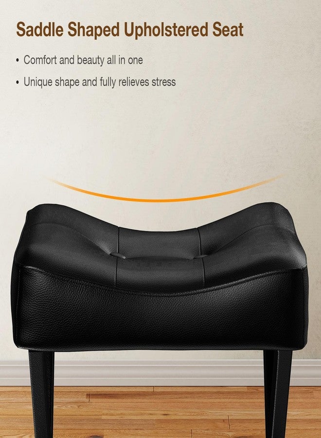 Memobarco 18-Inch Leather Vanity Stool Chair, Vanity Bench with Metal X-Leg, Ottoman Accent Stool with Thick Padded Saddle Seat, Black - Image 3