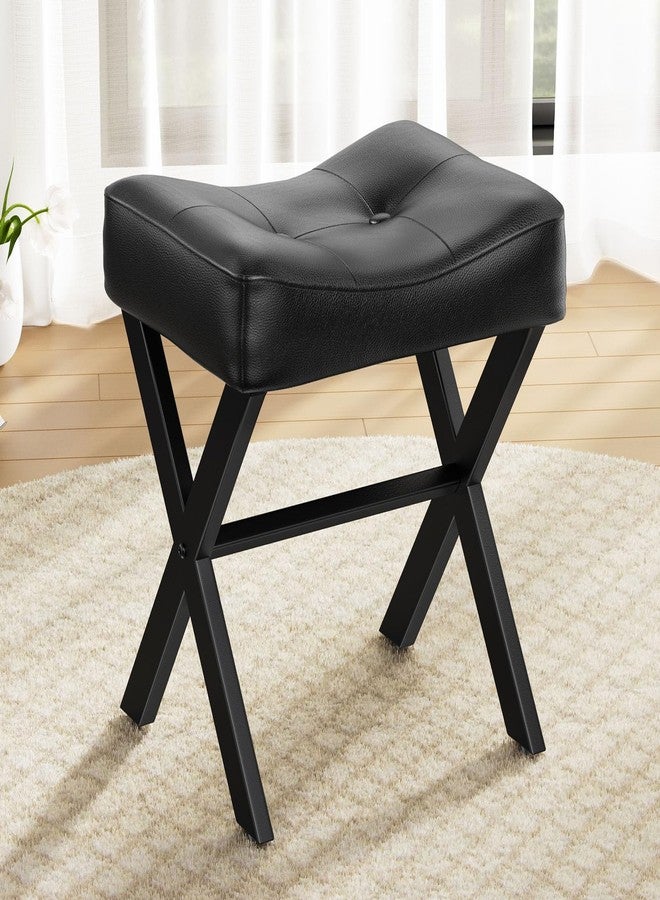 Memobarco 18-Inch Leather Vanity Stool Chair, Vanity Bench with Metal X-Leg, Ottoman Accent Stool with Thick Padded Saddle Seat, Black - Image 1