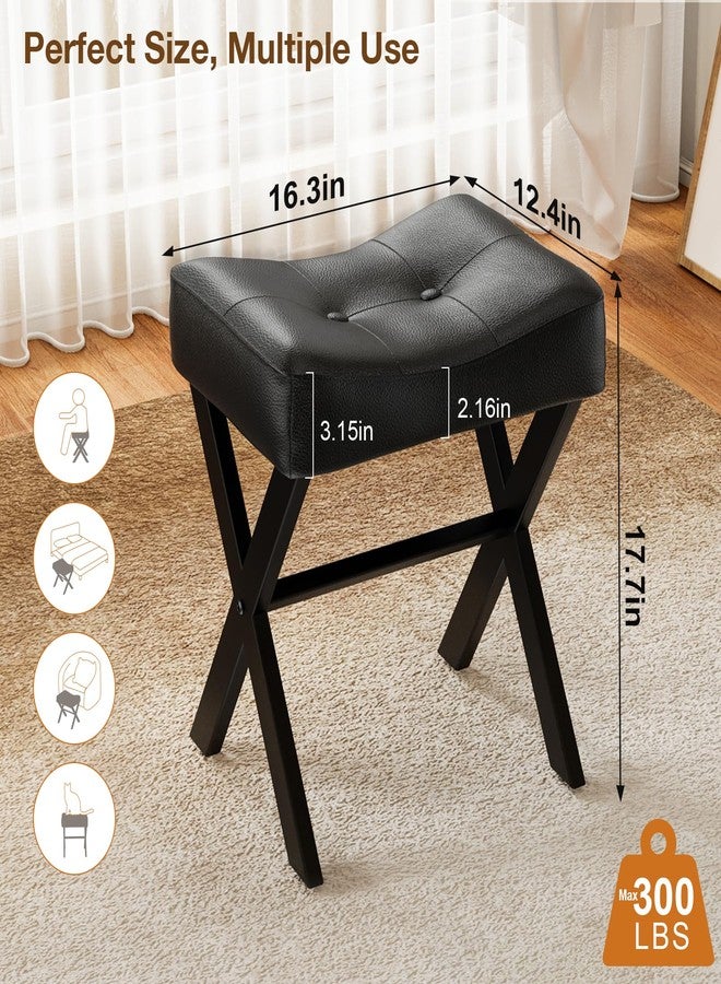 Memobarco 18-Inch Leather Vanity Stool Chair, Vanity Bench with Metal X-Leg, Ottoman Accent Stool with Thick Padded Saddle Seat, Black - Image 2