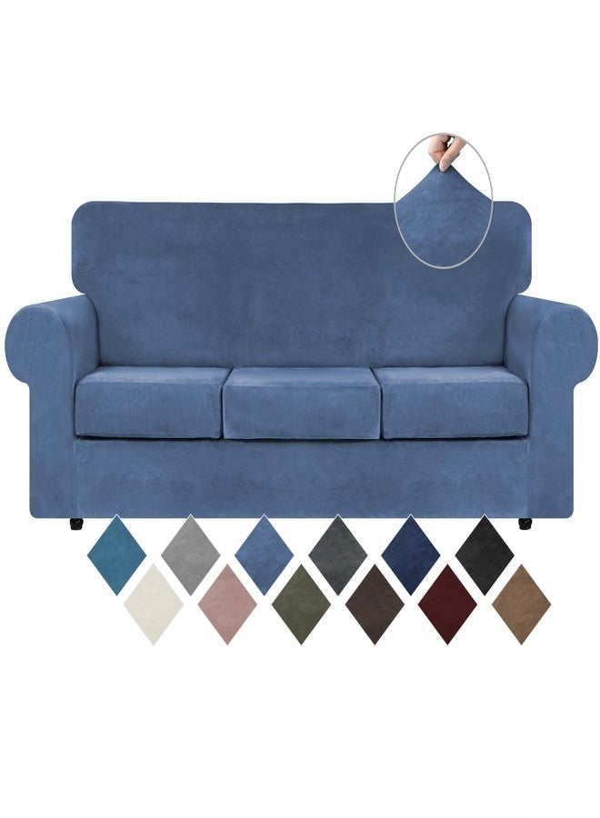 WEERRW Velvet Plush Fabric 4 Pieces Sofa Covers for 3 Cushion Couch with Elastic Bottom Straps in Light Blue - Image 1