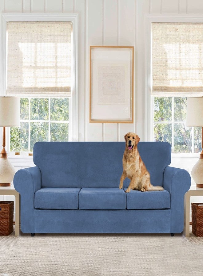 WEERRW Velvet Plush Fabric 4 Pieces Sofa Covers for 3 Cushion Couch with Elastic Bottom Straps in Light Blue - Image 2