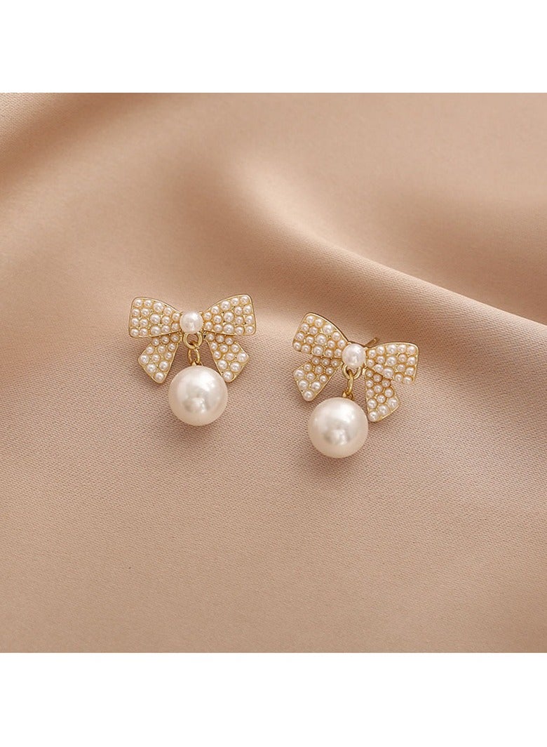 Full Diamonds Ribbon Pearls Gold Earrings Earrings 