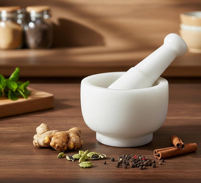 KLEO 5" Wide Natural Marble Stone Mortar And Pestle Set As Spice, Medicine Grinder - Image 1