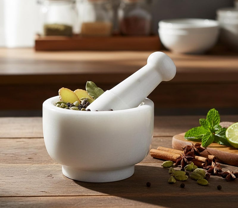 KLEO 5" Wide Natural Marble Stone Mortar And Pestle Set As Spice, Medicine Grinder - Image 2