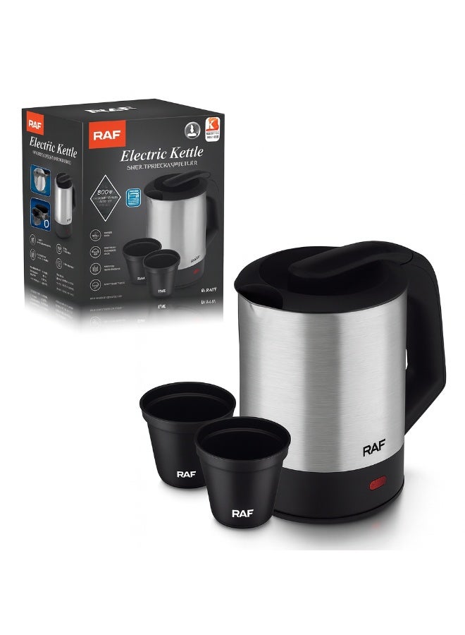 RAF Electric Kettle 500ml – 1000W Stainless Steel Portable Mini Kettle with LED Indicator, Automatic Shut-Off, BPA-Free Interior, 2 Plastic Cups Included (Model R.7887) - Image 1