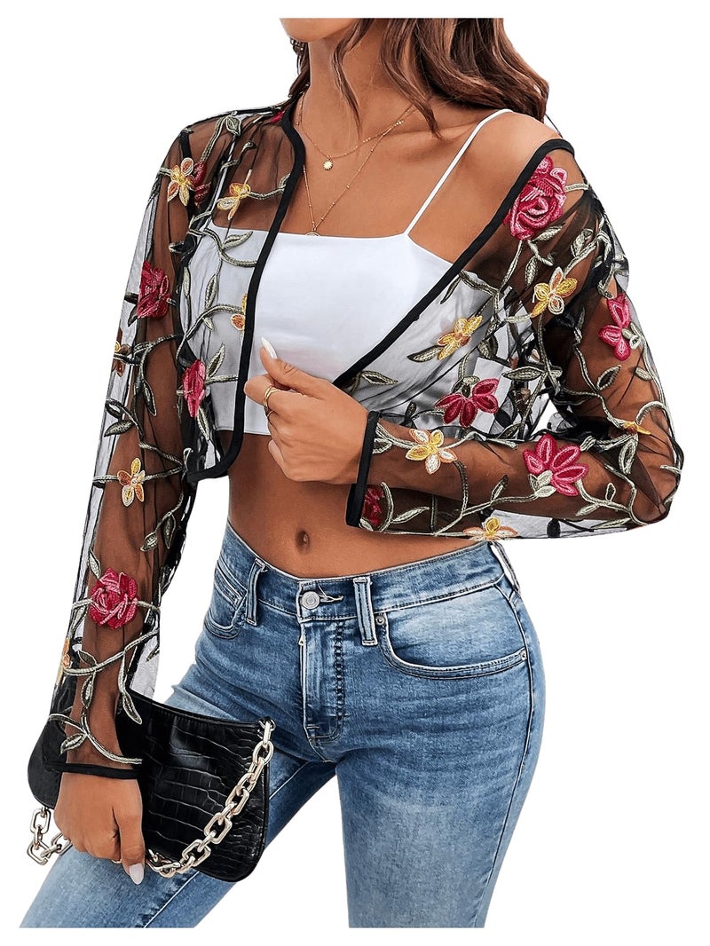 OYOANGLE Women's Floral Embroidered Open Front Crop Jackets Long Sleeve Mesh Summer Cardigan Tops for Evening Dress Black Medium - Image 3