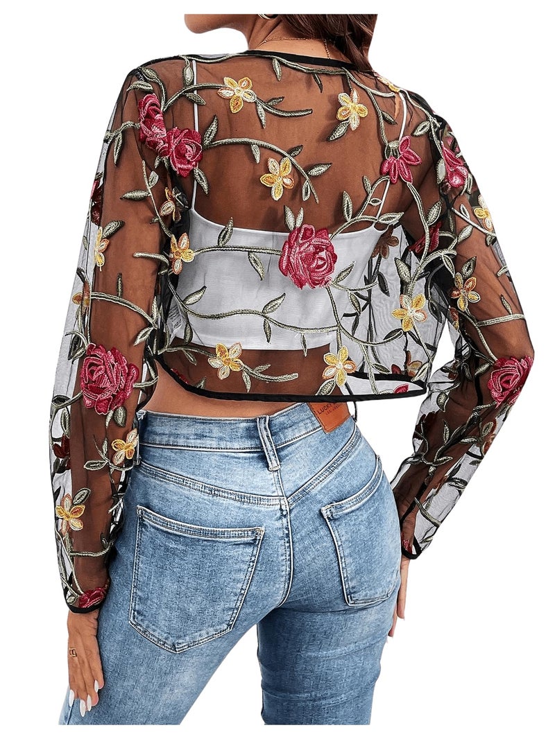 OYOANGLE Women's Floral Embroidered Open Front Crop Jackets Long Sleeve Mesh Summer Cardigan Tops for Evening Dress Black Medium - Image 2
