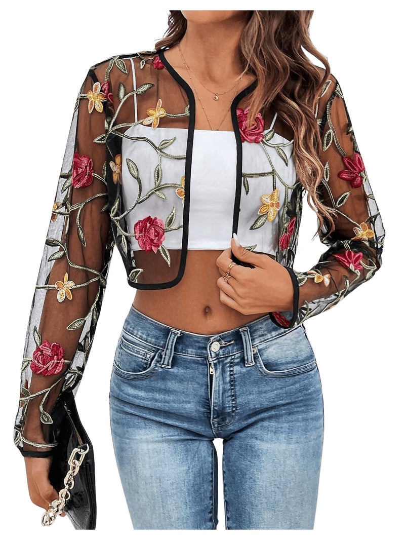 OYOANGLE Women's Floral Embroidered Open Front Crop Jackets Long Sleeve Mesh Summer Cardigan Tops for Evening Dress Black Medium - Image 1