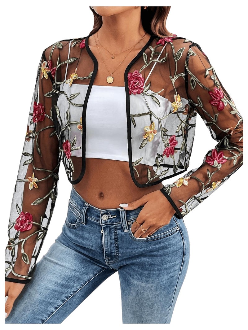 OYOANGLE Women's Floral Embroidered Open Front Crop Jackets Long Sleeve Mesh Summer Cardigan Tops for Evening Dress Black Medium - Image 5