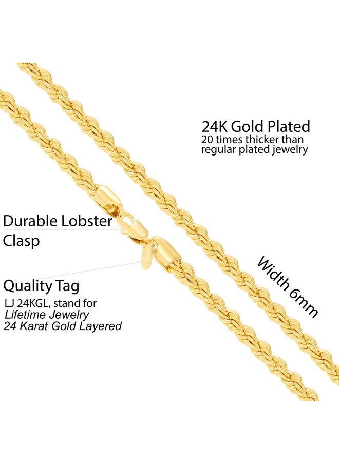 Lifetime Jewelry 6Mm Rope Chain Necklace For Women And Men 24K Real Gold Plated (16 Inches, 1 - Gold Plated)  - Image 4