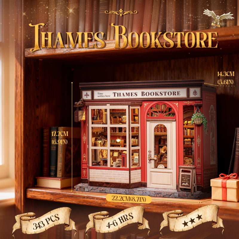 CUTEBEE Book Nook Kit - British Bookstore Magic DIY Miniature House Dollhouse Kit for Adults, Library Booknook Bookshelf Decor 3D Wooden Puzzle, Gifts for Family, Friends(Thames Bookstore) - Image 2
