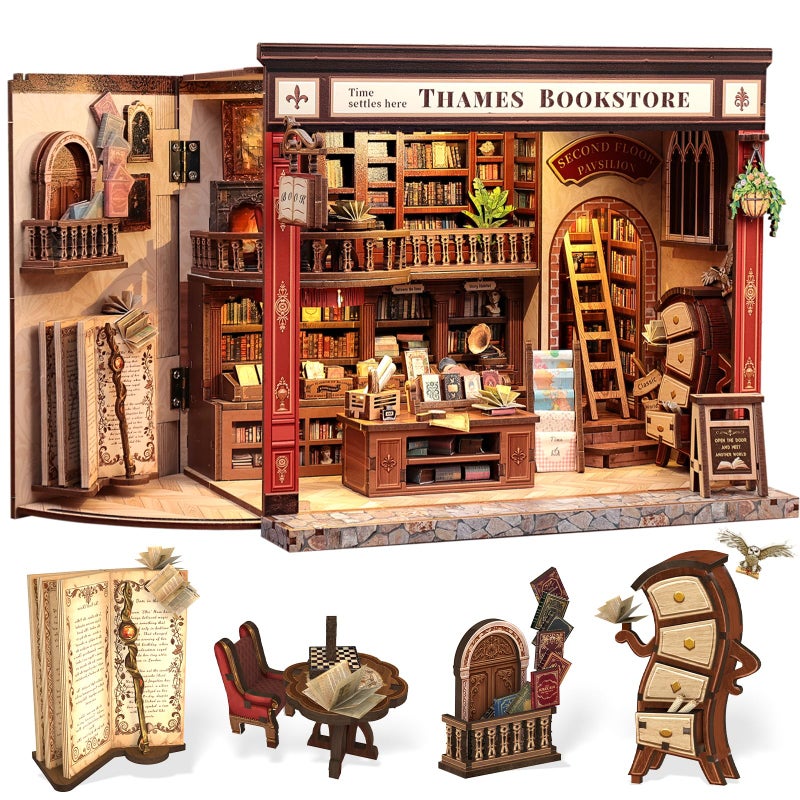 CUTEBEE Book Nook Kit - British Bookstore Magic DIY Miniature House Dollhouse Kit for Adults, Library Booknook Bookshelf Decor 3D Wooden Puzzle, Gifts for Family, Friends(Thames Bookstore) - Image 1