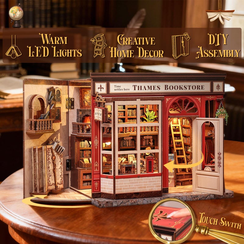 CUTEBEE Book Nook Kit - British Bookstore Magic DIY Miniature House Dollhouse Kit for Adults, Library Booknook Bookshelf Decor 3D Wooden Puzzle, Gifts for Family, Friends(Thames Bookstore) - Image 3