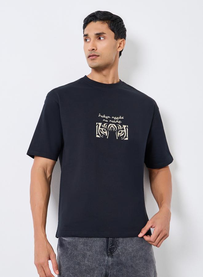 Styli Men Black Graphic Embroidery Oversized T-Shirt - Image 1