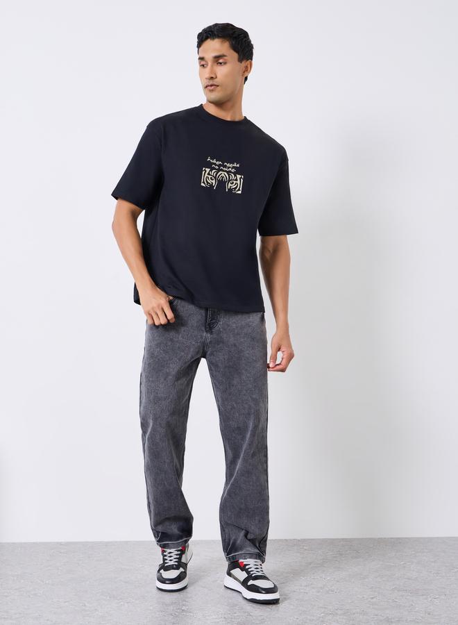 Styli Men Black Graphic Embroidery Oversized T-Shirt - Image 2