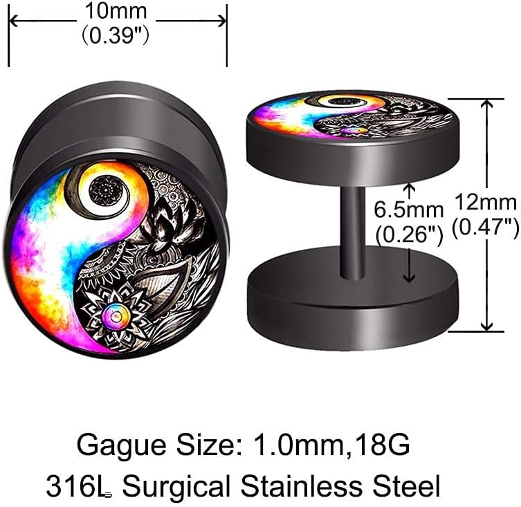 FLYUN Fake Gauges, 6 Pairs Men's Earrings, Faux Plugs Black Stud Surgical Steel Screw Flat Back Punk Earrings Hypoallergenic 18G/1MM - Image 4
