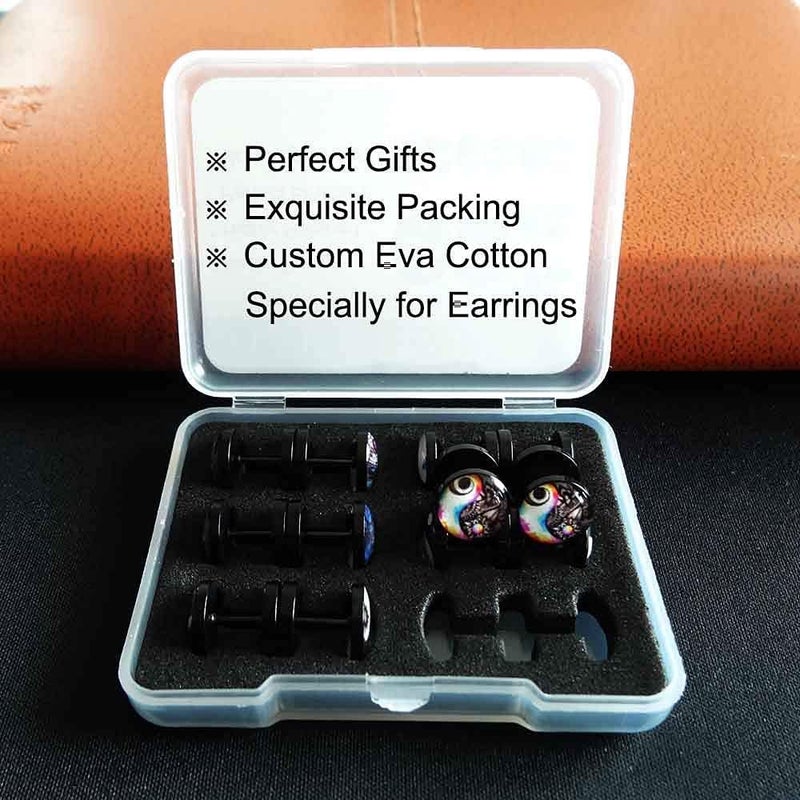 FLYUN Fake Gauges, 6 Pairs Men's Earrings, Faux Plugs Black Stud Surgical Steel Screw Flat Back Punk Earrings Hypoallergenic 18G/1MM - Image 3