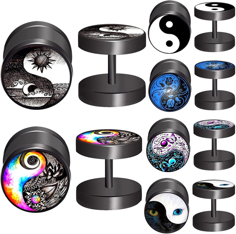 FLYUN Fake Gauges, 6 Pairs Men's Earrings, Faux Plugs Black Stud Surgical Steel Screw Flat Back Punk Earrings Hypoallergenic 18G/1MM - Image 1