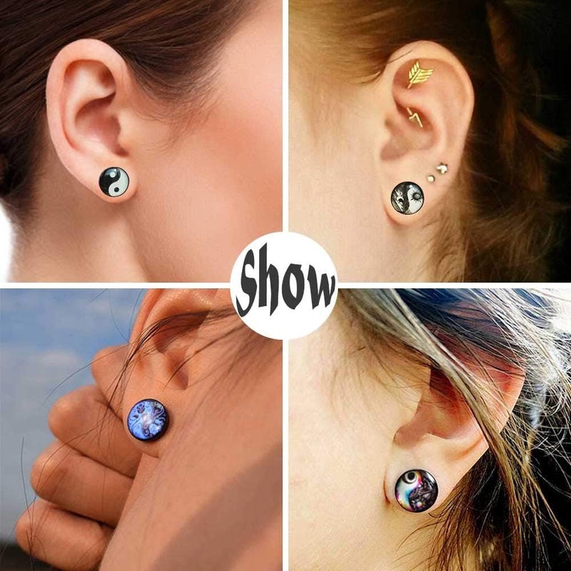 FLYUN Fake Gauges, 6 Pairs Men's Earrings, Faux Plugs Black Stud Surgical Steel Screw Flat Back Punk Earrings Hypoallergenic 18G/1MM - Image 2