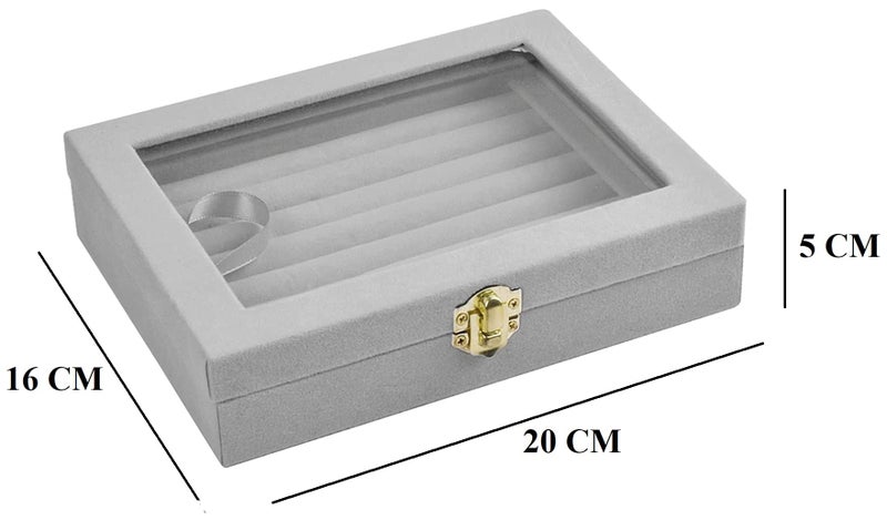 KRISHYAM® Clear Lid Velvet Jewelry Organizer - Stackable Tray Earring Display Showcase | Lockable Jewelry Organizer Gifts for Girls, Women (7 Slot Jewellery Box Grey) - Image 5