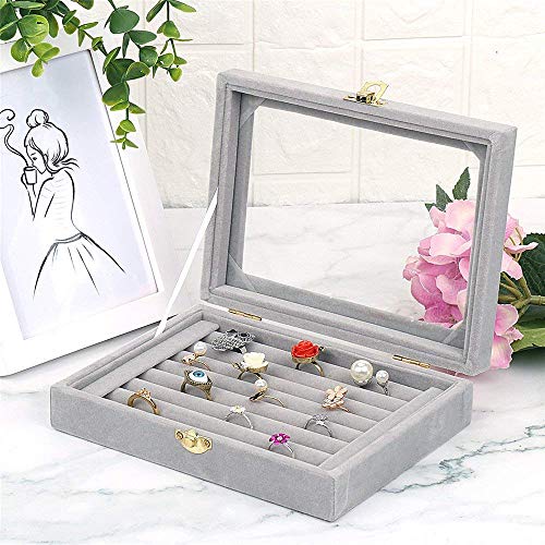 KRISHYAM® Clear Lid Velvet Jewelry Organizer - Stackable Tray Earring Display Showcase | Lockable Jewelry Organizer Gifts for Girls, Women (7 Slot Jewellery Box Grey) - Image 1