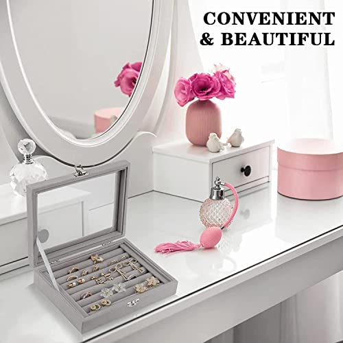 KRISHYAM® Clear Lid Velvet Jewelry Organizer - Stackable Tray Earring Display Showcase | Lockable Jewelry Organizer Gifts for Girls, Women (7 Slot Jewellery Box Grey) - Image 4