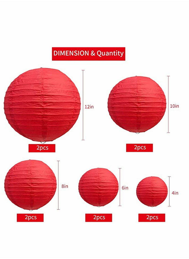 Generic - 10Pcs Red Paper Lanterns Decorative, Chinese/Japanese Hanging Round Foldable Lantern, for Birthday, Wedding, , Bridal Shower, Home Decor, Party (Size of 4”, 6”, 8”, 10”) - Image 1