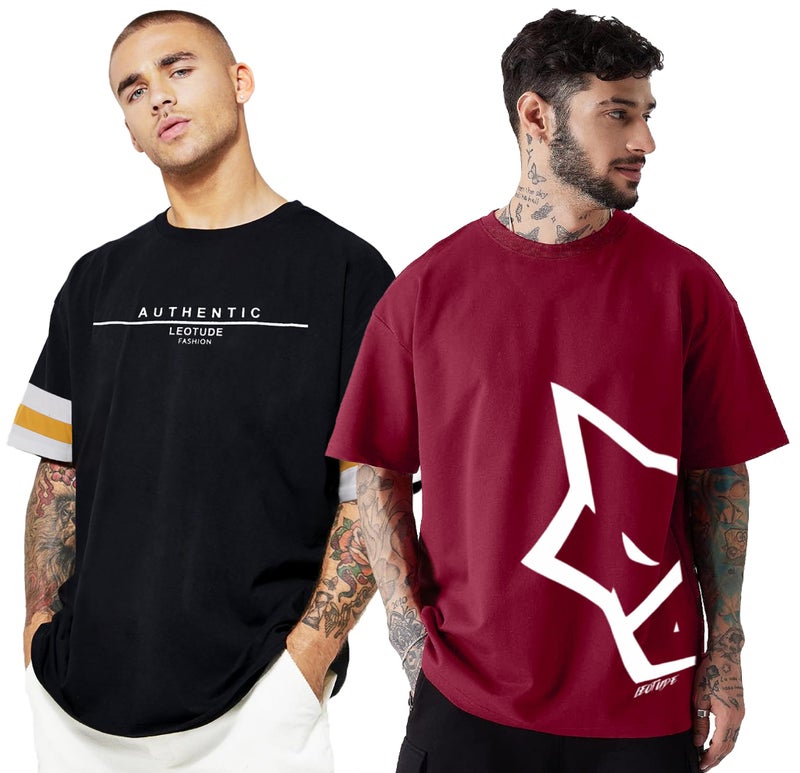LEOTUDE Oversized Half Sleeve Men's T-Shirt (PO2_FS49_Wild-Wolf_P_Black-Maron_XL) - Image 1