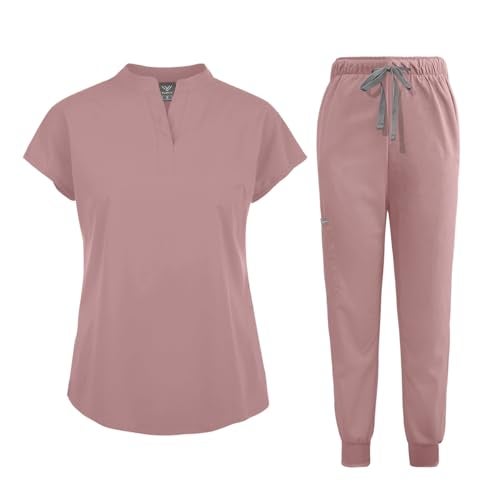 niaahinn Scrubs Set for Women Nurse Uniform Jogger Suit Stretch Top & Pants with Multi Pocket for Nurse Esthetician Workwear (Pink, Medium) - Image 1