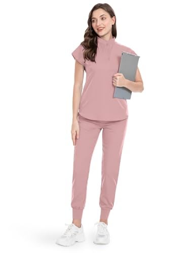 niaahinn Scrubs Set for Women Nurse Uniform Jogger Suit Stretch Top & Pants with Multi Pocket for Nurse Esthetician Workwear (Pink, Medium) - Image 2