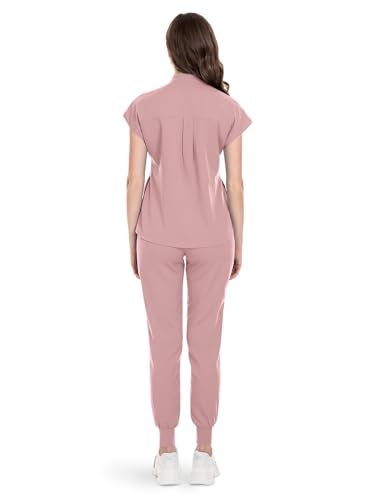 niaahinn Scrubs Set for Women Nurse Uniform Jogger Suit Stretch Top & Pants with Multi Pocket for Nurse Esthetician Workwear (Pink, Medium) - Image 3