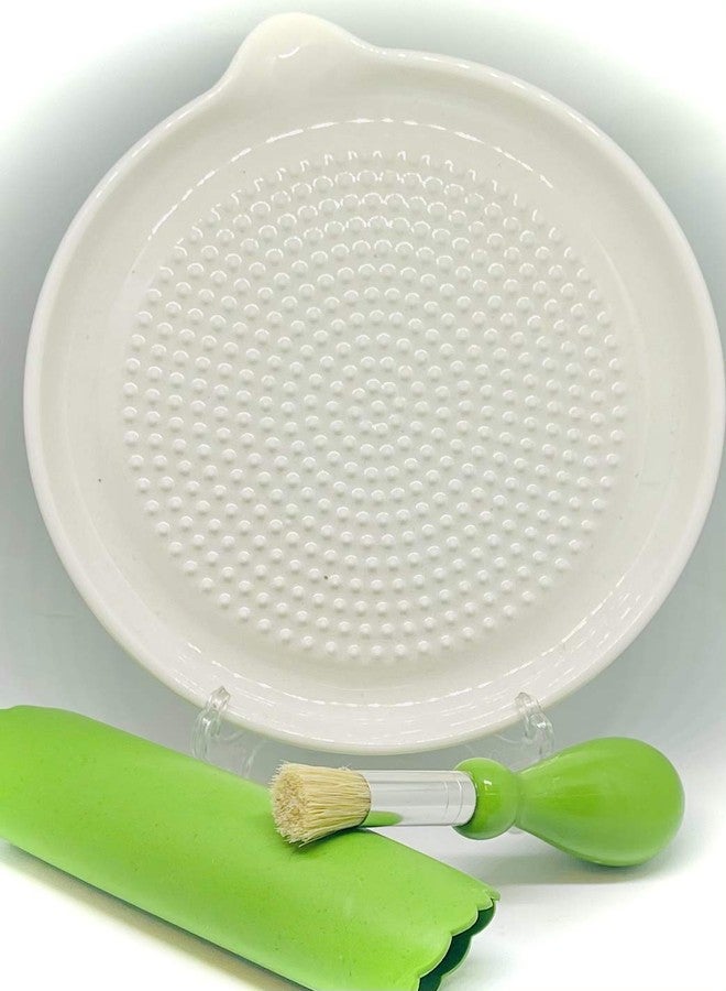 BonCera, Premium Ceramic Garlic Grater Plate 3-Piece Set - White Modern Design and Style - For Garlic, Ginger, Chocolate, and more! - Comes with 6.5" Plate, Peeler, and Brush - Image 1