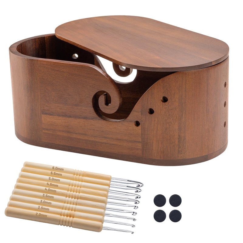 EOKPHULL Oval Wooden Yarn Bowl for Crocheting, Large Crochet Yarn Holder, Handmade Crochet Bowls with Lid and 9pcs Knitting Hooks, Yarn Storage Organizer for Crocheting and Knitting Lovers - Image 1