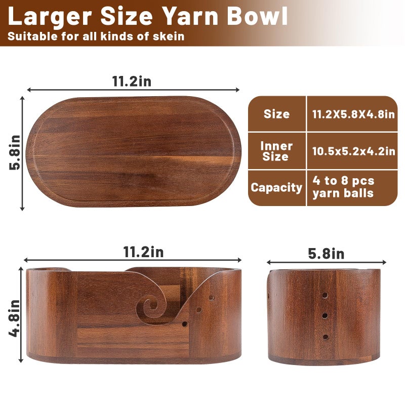 EOKPHULL Oval Wooden Yarn Bowl for Crocheting, Large Crochet Yarn Holder, Handmade Crochet Bowls with Lid and 9pcs Knitting Hooks, Yarn Storage Organizer for Crocheting and Knitting Lovers - Image 4