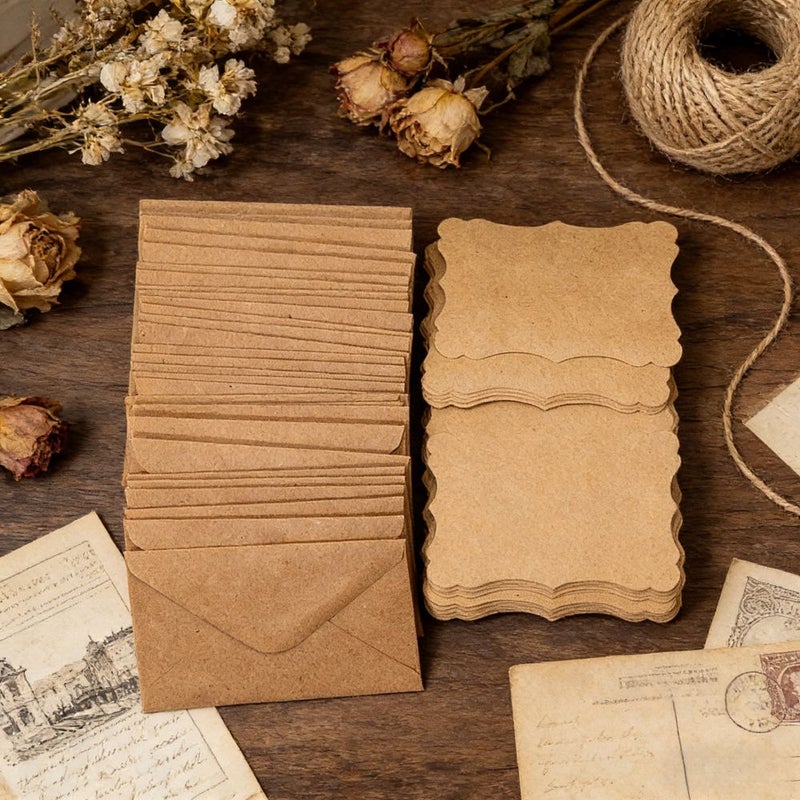 40 Pcs Vintage Style Kraft Paper Greeting Card Set With 20 Envelopes Handwritten Blank Wavy Lace Design Invitation Birthday Thank You Notes - Image 1