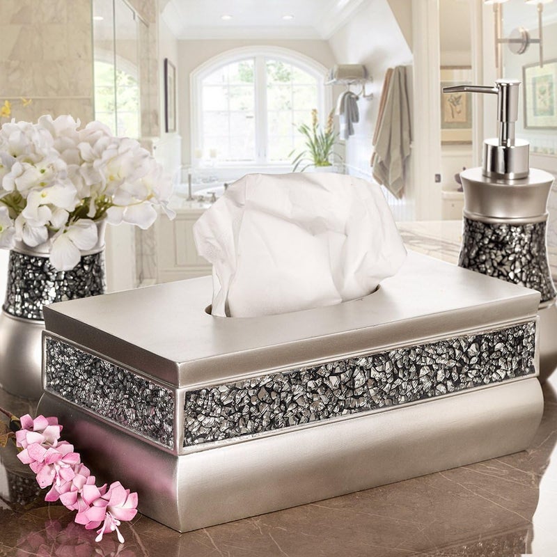 Creative Scents Crackled Glass Silver Tissue Box Cover Rectangular - Decorative Bling Tissue Box Holder with Beautiful Mosaic Glass - Elegant Tissue Holder for Bathroom with Durable Bottom Slider (Silver Collection) - Image 2