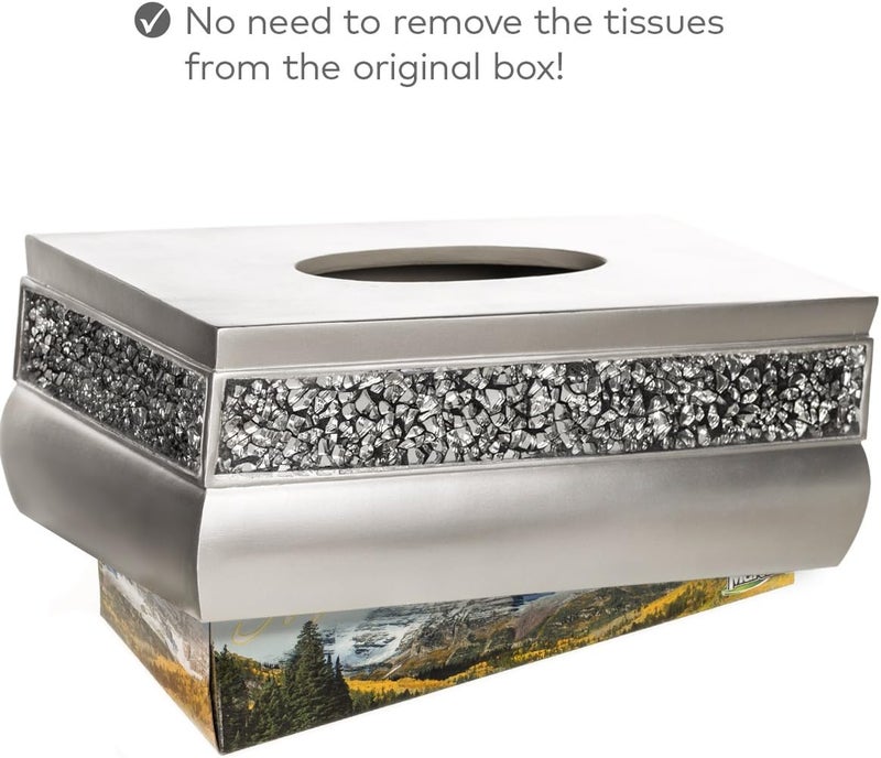 Creative Scents Crackled Glass Silver Tissue Box Cover Rectangular - Decorative Bling Tissue Box Holder with Beautiful Mosaic Glass - Elegant Tissue Holder for Bathroom with Durable Bottom Slider (Silver Collection) - Image 5