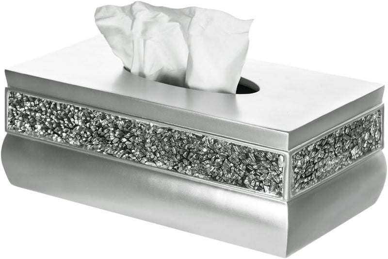 Creative Scents Crackled Glass Silver Tissue Box Cover Rectangular - Decorative Bling Tissue Box Holder with Beautiful Mosaic Glass - Elegant Tissue Holder for Bathroom with Durable Bottom Slider (Silver Collection) - Image 1