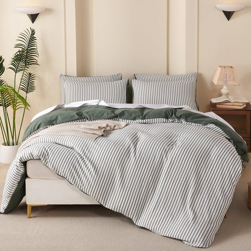 BUPIRD Green Queen Size Comforter Set Striped 100% Soft Washed Microfiber Jacquard 3 Pieces Striped Bedding Sets Green White Comforter Queen for All Seasons and 2 Pillowcases Comfort Breathable - Image 3