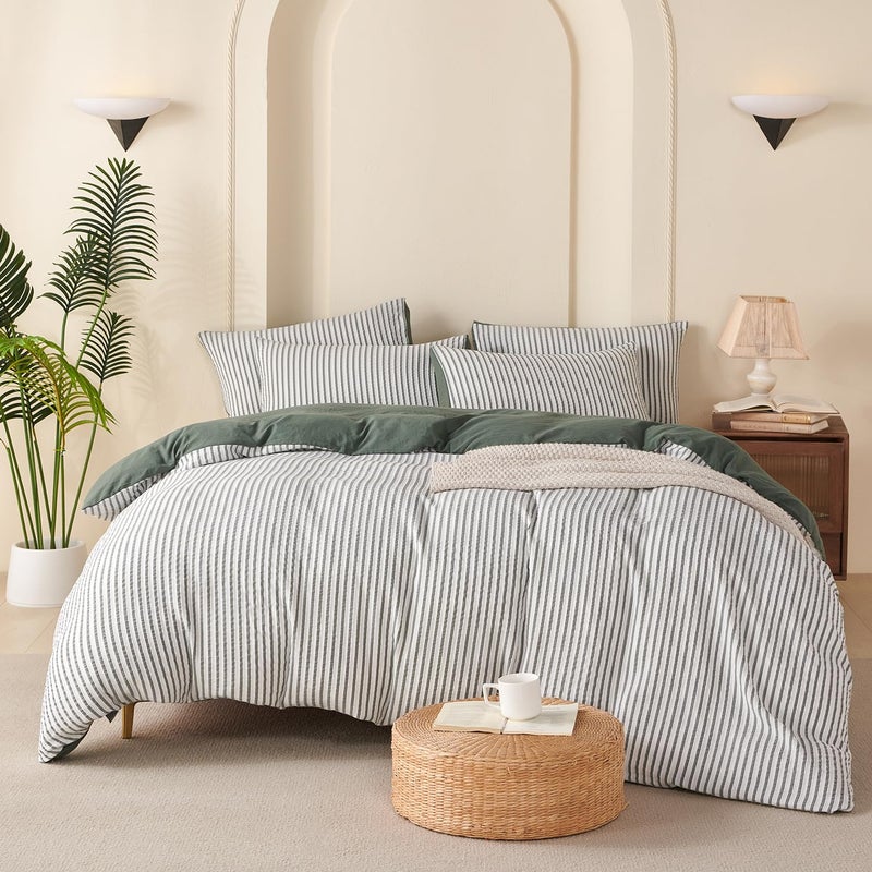 BUPIRD Green Queen Size Comforter Set Striped 100% Soft Washed Microfiber Jacquard 3 Pieces Striped Bedding Sets Green White Comforter Queen for All Seasons and 2 Pillowcases Comfort Breathable - Image 2