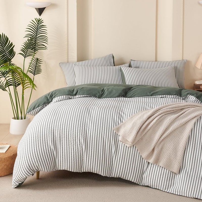 BUPIRD Green Queen Size Comforter Set Striped 100% Soft Washed Microfiber Jacquard 3 Pieces Striped Bedding Sets Green White Comforter Queen for All Seasons and 2 Pillowcases Comfort Breathable - Image 1
