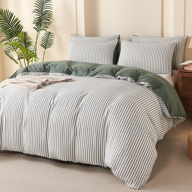 BUPIRD Green Queen Size Comforter Set Striped 100% Soft Washed Microfiber Jacquard 3 Pieces Striped Bedding Sets Green White Comforter Queen for All Seasons and 2 Pillowcases Comfort Breathable - Image 5