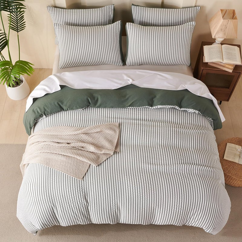 BUPIRD Green Queen Size Comforter Set Striped 100% Soft Washed Microfiber Jacquard 3 Pieces Striped Bedding Sets Green White Comforter Queen for All Seasons and 2 Pillowcases Comfort Breathable - Image 4