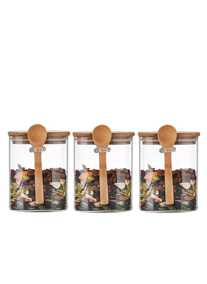 1Chase Borosilicate Glass Food Storage Jar with Bamboo Lid and Spoon 1000 ML (Set of 3)