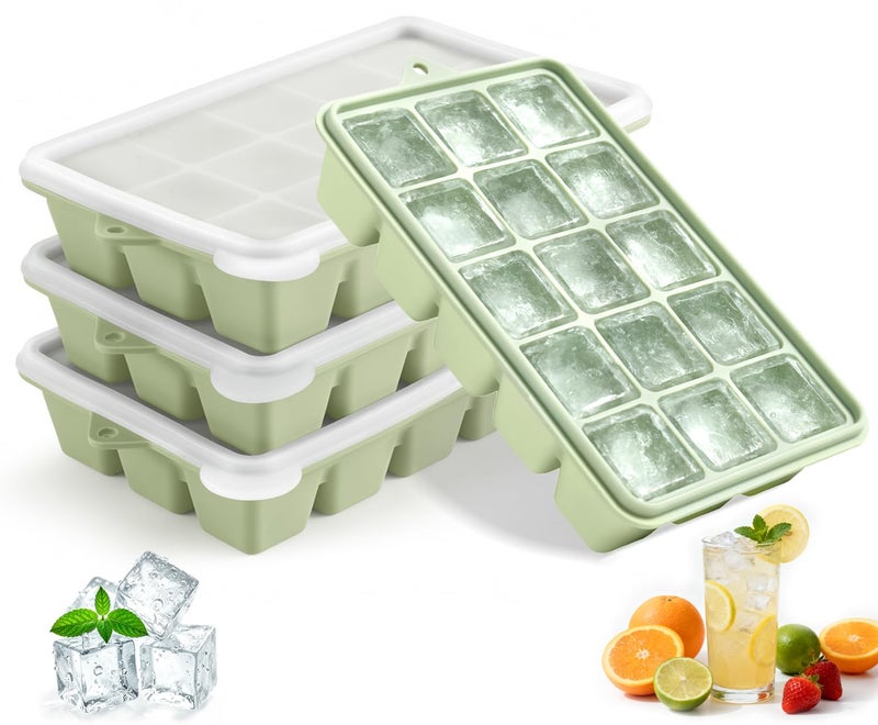 PET Hous Silicone Ice Cube Trays with Lid, Set of 4, Easy Release Ice Molds, Reusable and Stackable Ice Trays for Freezer for Cocktail, Whiskey, Baby Food, BPA Free (green) - Image 1